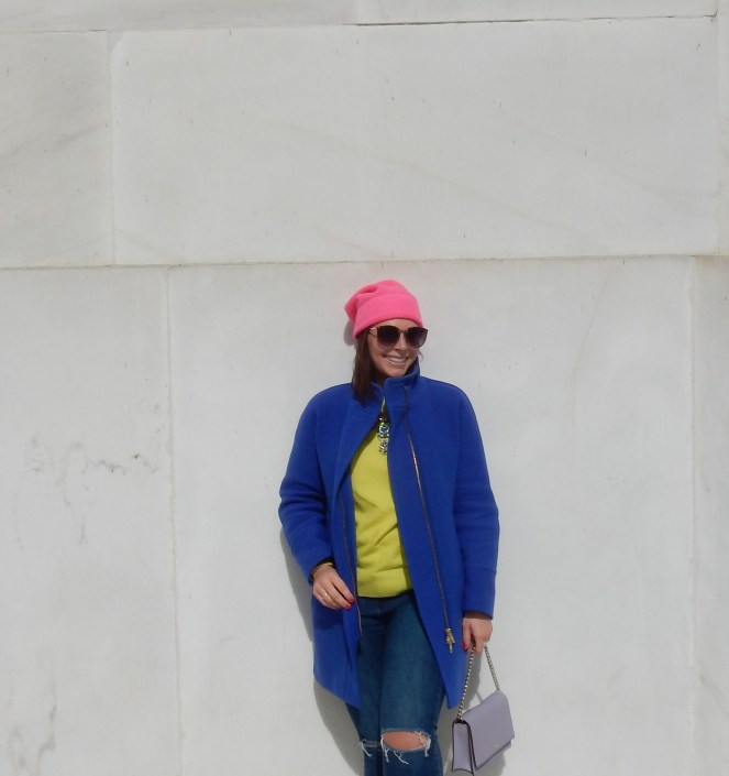 No Neonsense Fashion, Sarah In Style, Sarah Meyer, SarahInStyle. Neon Fashion accessories, Neon Fashion, J. Crew coats, Classic coats, colorful coats, Blue Coat, Neon Pink Beanie, Neon Green Sweater, Lavish Lime, Neon Necklace, Silver slip on sneakers, Washington D.C. fashion, Winter fashion, beat the winter blues, color in the winter, Washington Monument, Lincoln Memorial, Pep in your step, Kate spade accessories, Layering colors, blogger fashion advice, blogger fashion tips