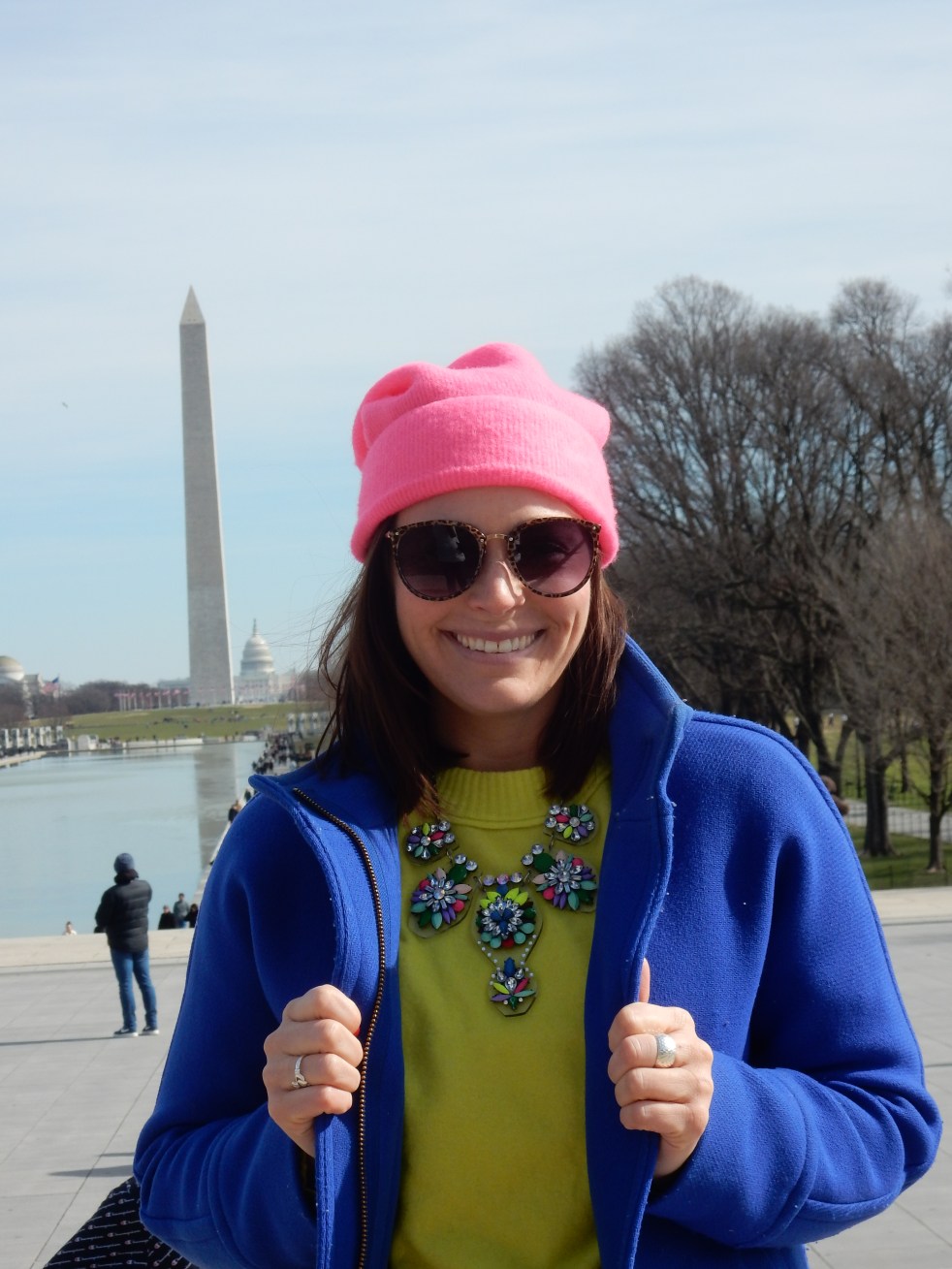 No Neonsense Fashion, Sarah In Style, Sarah Meyer, SarahInStyle. Neon Fashion accessories, Neon Fashion, J. Crew coats, Classic coats, colorful coats, Blue Coat, Neon Pink Beanie, Neon Green Sweater, Lavish Lime, Neon Necklace, Silver slip on sneakers, Washington D.C. fashion, Winter fashion, beat the winter blues, color in the winter, Washington Monument, Lincoln Memorial, Pep in your step, Kate spade accessories, Layering colors, blogger fashion advice, blogger fashion tips