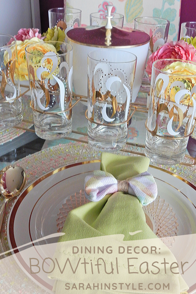 Dining Decor, Tablescape, Tablescapes, Sarah In Style, Sarah Meyer, Black and White Table, Black and White Halloween, Halloween Party ideas, Cute table decor, decorating on the cheap, Blogger design ideas, blogger party ideas, spring table decor, Easter table decor, Easter bows, Easter table, spring decor, vintage bar cart, vintage drink ware, vintage glasses, gold and pink, setting the table, dressing up your table, wrapped in bows, bowtiful, Easter 2020, spring celebrations