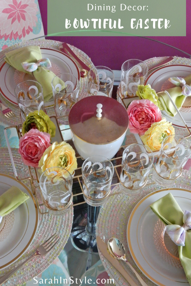 Dining Decor, Tablescape, Tablescapes, Sarah In Style, Sarah Meyer, Black and White Table, Black and White Halloween, Halloween Party ideas, Cute table decor, decorating on the cheap, Blogger design ideas, blogger party ideas, spring table decor, Easter table decor, Easter bows, Easter table, spring decor, vintage bar cart, vintage drink ware, vintage glasses, gold and pink, setting the table, dressing up your table, wrapped in bows, bowtiful, Easter 2020, spring celebrations