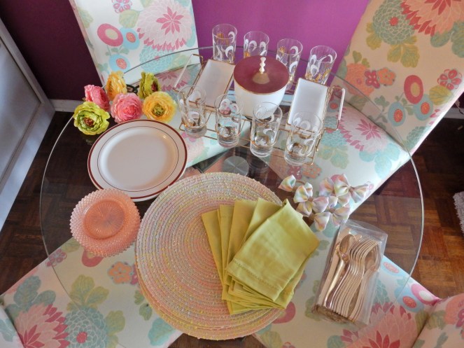 Dining Decor, Tablescape, Tablescapes, Sarah In Style, Sarah Meyer, Black and White Table, Black and White Halloween, Halloween Party ideas, Cute table decor, decorating on the cheap, Blogger design ideas, blogger party ideas, spring table decor, Easter table decor, Easter bows, Easter table, spring decor, vintage bar cart, vintage drink ware, vintage glasses, gold and pink, setting the table, dressing up your table, wrapped in bows, bowtiful, Easter 2020, spring celebrations