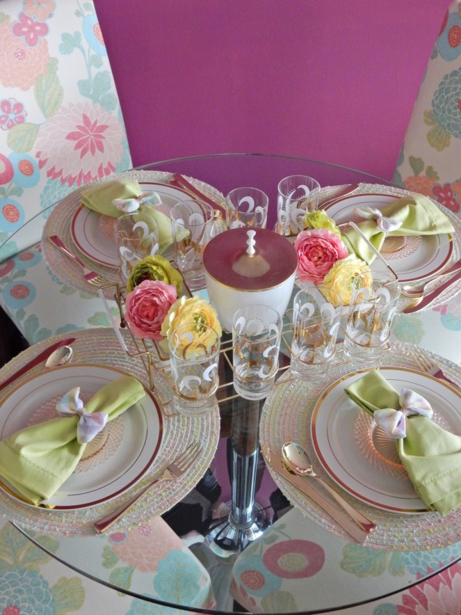 Dining Decor, Tablescape, Tablescapes, Sarah In Style, Sarah Meyer, Black and White Table, Black and White Halloween, Halloween Party ideas, Cute table decor, decorating on the cheap, Blogger design ideas, blogger party ideas, spring table decor, Easter table decor, Easter bows, Easter table, spring decor, vintage bar cart, vintage drink ware, vintage glasses, gold and pink, setting the table, dressing up your table, wrapped in bows, bowtiful, Easter 2020, spring celebrations