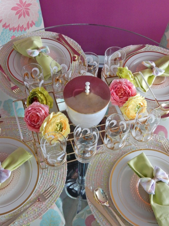 Dining Decor, Tablescape, Tablescapes, Sarah In Style, Sarah Meyer, Black and White Table, Black and White Halloween, Halloween Party ideas, Cute table decor, decorating on the cheap, Blogger design ideas, blogger party ideas, spring table decor, Easter table decor, Easter bows, Easter table, spring decor, vintage bar cart, vintage drink ware, vintage glasses, gold and pink, setting the table, dressing up your table, wrapped in bows, bowtiful, Easter 2020, spring celebrations