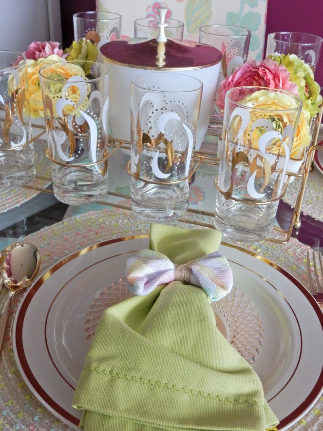 Dining Decor, Tablescape, Tablescapes, Sarah In Style, Sarah Meyer, Black and White Table, Black and White Halloween, Halloween Party ideas, Cute table decor, decorating on the cheap, Blogger design ideas, blogger party ideas, spring table decor, Easter table decor, Easter bows, Easter table, spring decor, vintage bar cart, vintage drink ware, vintage glasses, gold and pink, setting the table, dressing up your table, wrapped in bows, bowtiful, Easter 2020, spring celebrations