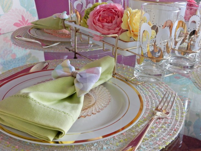 Dining Decor, Tablescape, Tablescapes, Sarah In Style, Sarah Meyer, Black and White Table, Black and White Halloween, Halloween Party ideas, Cute table decor, decorating on the cheap, Blogger design ideas, blogger party ideas, spring table decor, Easter table decor, Easter bows, Easter table, spring decor, vintage bar cart, vintage drink ware, vintage glasses, gold and pink, setting the table, dressing up your table, wrapped in bows, bowtiful, Easter 2020, spring celebrations