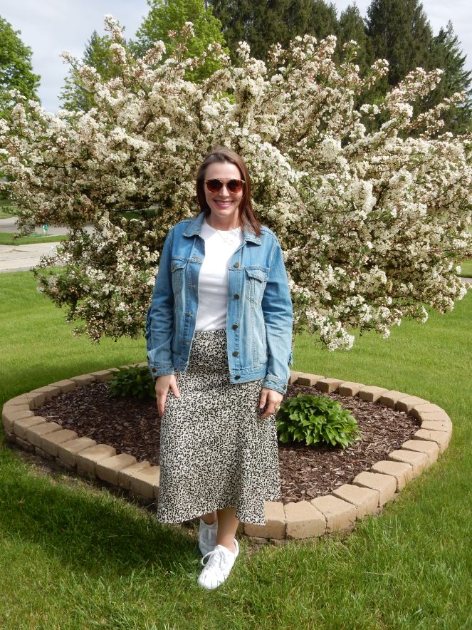 oversized denim jacket, ruffled denim jacket, leopard skirts, perfect summer skirts, classic summer fashion, cute skirts, Who What Wear, Macy's Herald Sqaure, initial necklace, emerald green, pleated skirt, compleat in emerald, jewel tone fashion, jewel tone skirts, Bomber jacket, leopard sneakers, soft surroundings sneakers, cropped sweater, Chicago fashion 2020, fashion trends 2020, spring fashion trends, spring fashion 2020, spring must have clothing, midi skirt, midi skirts, midi-skirt, best skirts for spring, cute midi skirts, cute skirts, classic fashion pieces, versatile clothing, styling tips, transitional clothing, flattering skirts, flattering bottoms, fashion blogger style tips, what to wear, who what wear, What I wore, Sarah Meyer, Sarah In Style, leopard midi skirt, sneakers and skirts, francesca's sunglasses