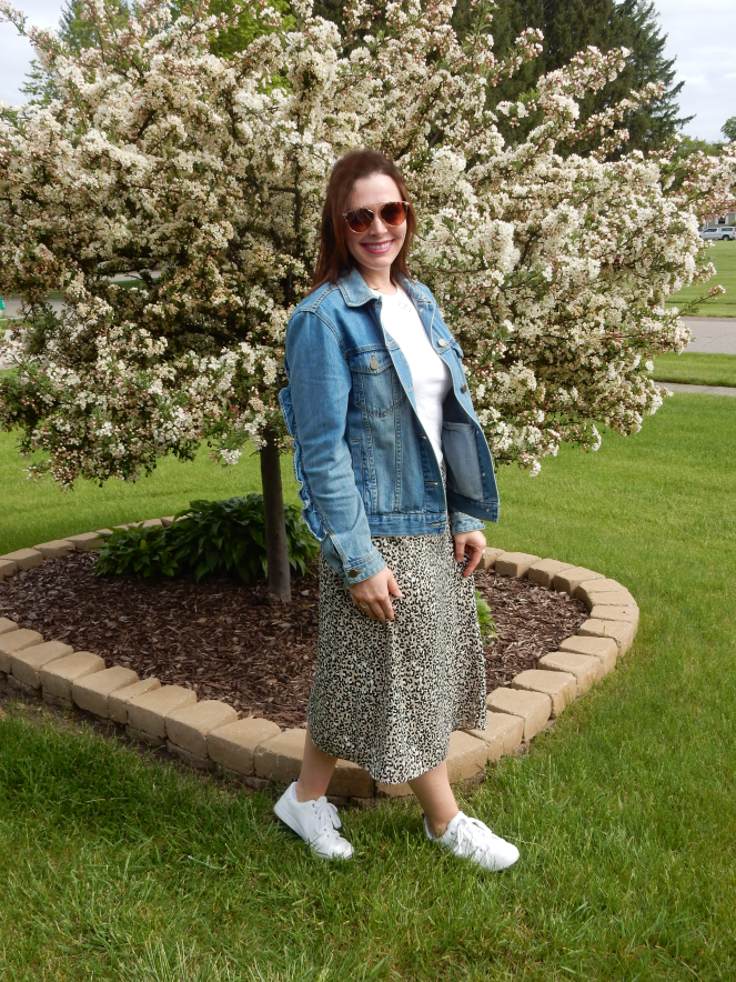 oversized denim jacket, ruffled denim jacket, leopard skirts, perfect summer skirts, classic summer fashion, cute skirts, Who What Wear, Macy's Herald Sqaure, initial necklace, emerald green, pleated skirt, compleat in emerald, jewel tone fashion, jewel tone skirts, Bomber jacket, leopard sneakers, soft surroundings sneakers, cropped sweater, Chicago fashion 2020, fashion trends 2020, spring fashion trends, spring fashion 2020, spring must have clothing, midi skirt, midi skirts, midi-skirt, best skirts for spring, cute midi skirts, cute skirts, classic fashion pieces, versatile clothing, styling tips, transitional clothing, flattering skirts, flattering bottoms, fashion blogger style tips, what to wear, who what wear, What I wore, Sarah Meyer, Sarah In Style, leopard midi skirt, sneakers and skirts, francesca's sunglasses