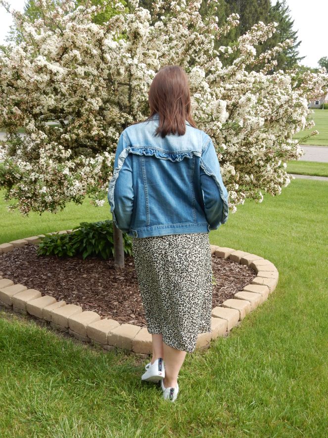 oversized denim jacket, ruffled denim jacket, leopard skirts, perfect summer skirts, classic summer fashion, cute skirts, Who What Wear, Macy's Herald Sqaure, initial necklace, emerald green, pleated skirt, compleat in emerald, jewel tone fashion, jewel tone skirts, Bomber jacket, leopard sneakers, soft surroundings sneakers, cropped sweater, Chicago fashion 2020, fashion trends 2020, spring fashion trends, spring fashion 2020, spring must have clothing, midi skirt, midi skirts, midi-skirt, best skirts for spring, cute midi skirts, cute skirts, classic fashion pieces, versatile clothing, styling tips, transitional clothing, flattering skirts, flattering bottoms, fashion blogger style tips, what to wear, who what wear, What I wore, Sarah Meyer, Sarah In Style, leopard midi skirt, sneakers and skirts, francesca's sunglasses