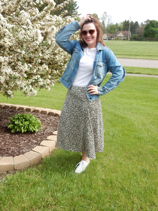 oversized denim jacket, ruffled denim jacket, leopard skirts, perfect summer skirts, classic summer fashion, cute skirts, Who What Wear, Macy's Herald Sqaure, initial necklace, emerald green, pleated skirt, compleat in emerald, jewel tone fashion, jewel tone skirts, Bomber jacket, leopard sneakers, soft surroundings sneakers, cropped sweater, Chicago fashion 2020, fashion trends 2020, spring fashion trends, spring fashion 2020, spring must have clothing, midi skirt, midi skirts, midi-skirt, best skirts for spring, cute midi skirts, cute skirts, classic fashion pieces, versatile clothing, styling tips, transitional clothing, flattering skirts, flattering bottoms, fashion blogger style tips, what to wear, who what wear, What I wore, Sarah Meyer, Sarah In Style, leopard midi skirt, sneakers and skirts, francesca's sunglasses