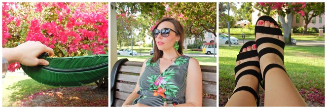 Sarah In Style, Sarah Meyer, Chicago Fashion Bloggers, Chicago Fashion Blogger, Florida Summer Fashion, Cute Dressed for Vacation, Tropical Print Dresses, How to wear Tropical Prints, How to wear palm print, palm print fashion trends, St. Petersburg Florida bucket list, What to do in St Pete, What to do in St Petersburg, What to do in Florida, How to dress in Florida, How to dress for a summer meeting, Summer Fashion Staples, Black strappy sandals, lucite bracelet, vintage lucite bracelet, palm leaf purse, palm leaf bag, Pink Palaces, Pink Hotels in the U.S.. summer in the tropics