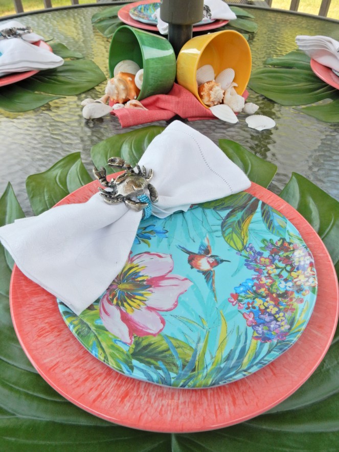 Dining Decor, Tablescape, Tablescapes, Sarah In Style, Sarah Meyer, Black and White Table, Black and White Halloween, Halloween Party ideas, Cute table decor, decorating on the cheap, Blogger design ideas, blogger party ideas, gold and pink, setting the table, dressing up your table, summer tablescapes, shellebration, summer celebrations, summer shell-ebration, tropical table decor, Pier 1 dinnerware, melamine dinnerware, cute napkin rings, palm leaf placemats, table decor ideas, how to set a perfect table, summer entertaining ideas, sea shell centerpeices, tropical plates, outdoor dining decor, al fresco dining decor