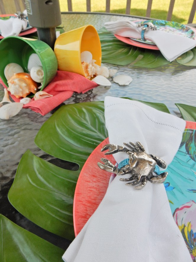 Dining Decor, Tablescape, Tablescapes, Sarah In Style, Sarah Meyer, Black and White Table, Black and White Halloween, Halloween Party ideas, Cute table decor, decorating on the cheap, Blogger design ideas, blogger party ideas, gold and pink, setting the table, dressing up your table, summer tablescapes, shellebration, summer celebrations, summer shell-ebration, tropical table decor, Pier 1 dinnerware, melamine dinnerware, cute napkin rings, palm leaf placemats, table decor ideas, how to set a perfect table, summer entertaining ideas, sea shell centerpeices, tropical plates, outdoor dining decor, al fresco dining decor