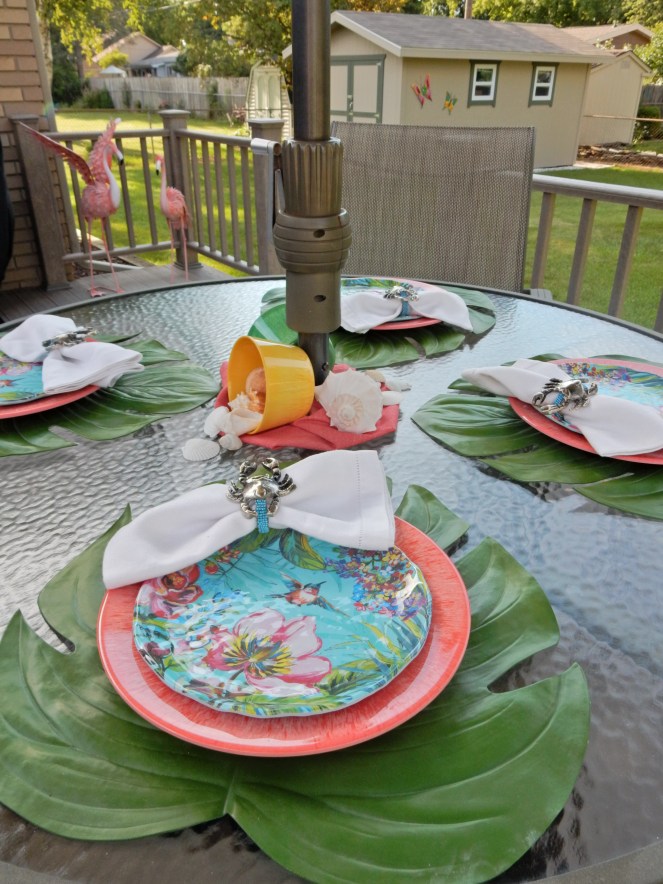 Dining Decor, Tablescape, Tablescapes, Sarah In Style, Sarah Meyer, Black and White Table, Black and White Halloween, Halloween Party ideas, Cute table decor, decorating on the cheap, Blogger design ideas, blogger party ideas, gold and pink, setting the table, dressing up your table, summer tablescapes, shellebration, summer celebrations, summer shell-ebration, tropical table decor, Pier 1 dinnerware, melamine dinnerware, cute napkin rings, palm leaf placemats, table decor ideas, how to set a perfect table, summer entertaining ideas, sea shell centerpeices, tropical plates, outdoor dining decor, al fresco dining decor