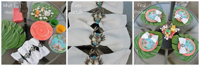 Dining Decor, Tablescape, Tablescapes, Sarah In Style, Sarah Meyer, Black and White Table, Black and White Halloween, Halloween Party ideas, Cute table decor, decorating on the cheap, Blogger design ideas, blogger party ideas, gold and pink, setting the table, dressing up your table, summer tablescapes, shellebration, summer celebrations, summer shell-ebration, tropical table decor, Pier 1 dinnerware, melamine dinnerware, cute napkin rings, palm leaf placemats, table decor ideas, how to set a perfect table, summer entertaining ideas, sea shell centerpeices, tropical plates, outdoor dining decor, al fresco dining decor