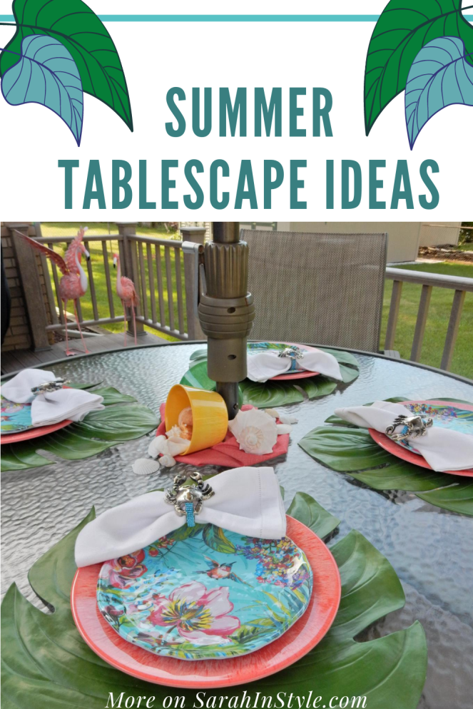 Dining Decor, Tablescape, Tablescapes, Sarah In Style, Sarah Meyer, Black and White Table, Black and White Halloween, Halloween Party ideas, Cute table decor, decorating on the cheap, Blogger design ideas, blogger party ideas, gold and pink, setting the table, dressing up your table, summer tablescapes, shellebration, summer celebrations, summer shell-ebration, tropical table decor, Pier 1 dinnerware, melamine dinnerware, cute napkin rings, palm leaf placemats, table decor ideas, how to set a perfect table, summer entertaining ideas, sea shell centerpeices, tropical plates, outdoor dining decor, al fresco dining decor, Pier 1 Imports, Pier One Imports