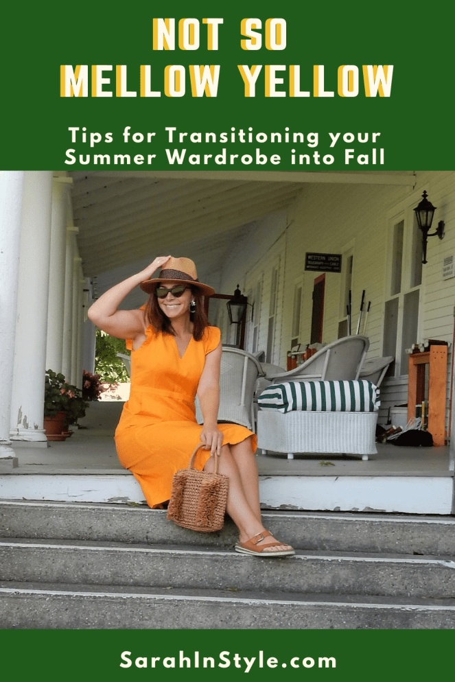 Sarah In Style, SarahInStyle.com, Sarah Meyer, Golden Yellow Dress, Mellow Yellow, Not so Mellow Yellow, Yellow Ruffled Dress, Cat Eye Sunglasses, Cheap Sunglasses, Cute Sunnies, Unique Sunglasses, Sunglass Warehouse, Loft Yellow Dress, Loft Straw Hat, Straw & leopard Hat, Fringe straw bag, Summer 2020 Fashion, Fall Fashion, Fall 2020 Fashion, Summer Wardrobe Transition, Fall Wardrobe Transition, Transitional Wardrobe, What to wear this fall, Mephisto sandals, Blogger Fashion Tips, Blogger Styling Tips, Blogger Fall Fashion, How to wear yellow, what's a good look from summer to fall, perfect fall dresses, what to wear this fall, how to wear a dress in fall