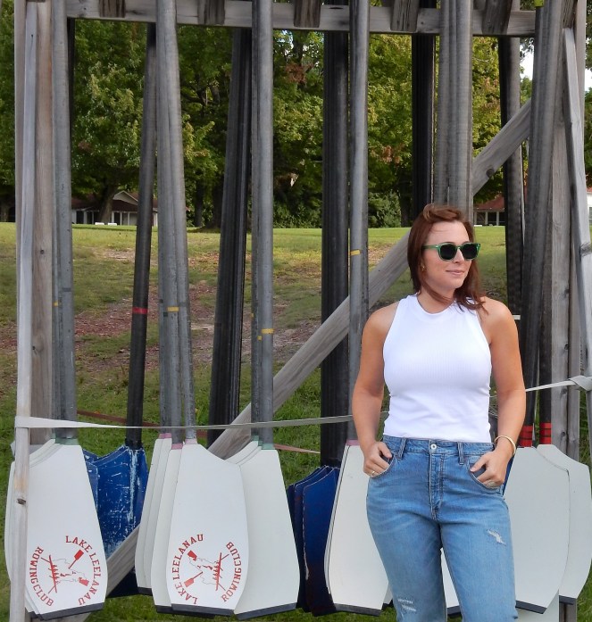 Dress to make your mood, Sarah In Style, SarahInStyle.com, Sarah Meyer, Judith March, Anthropologie Jeans, High waisted jeans, Palm Print Jacket, Palm Tree Earrings, White Racerback tank, Athleta Tank tops, studded sandals, green sunglasses, Sunglass Warehouse, #getoutthere, Fountain Point Resort, Michigan Resorts, Up North Michigan, Fashion to fit your mood, How to dress on a gloomy day, Fashion is fun, You can wear white after labor day, Make fashion your own, Style advice to lift your mood, Dress to fit the mood you want, fashion blogger, blogger style advice, blogger fashion tips, Michigan fashion, Midwest Fashion