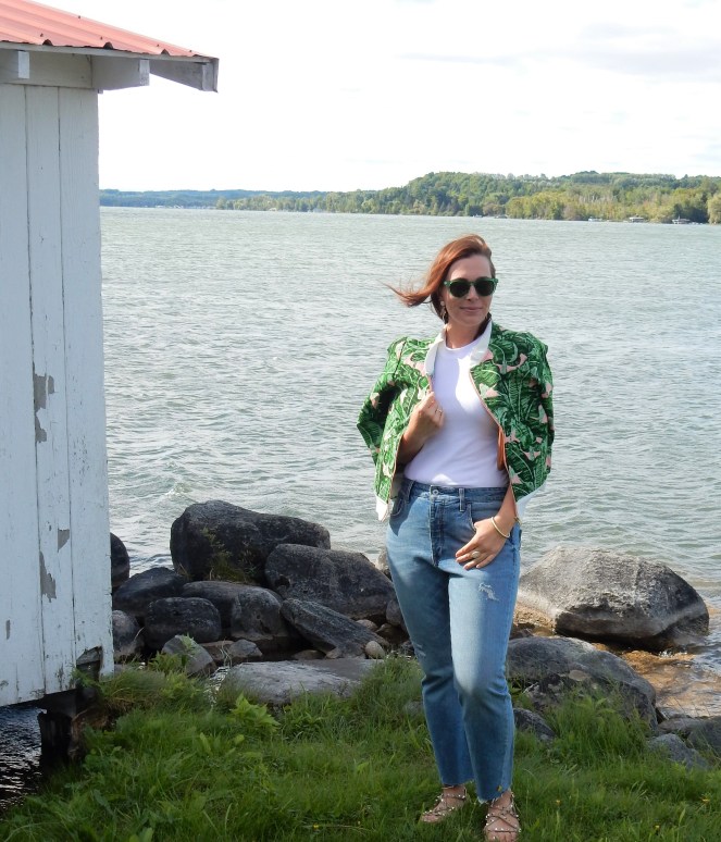 Sarah In Style, SarahInStyle.com, Sarah Meyer, Judith March, Anthropologie Jeans, High waisted jeans, Palm Print Jacket, Palm Tree Earrings, White Racerback tank, Athleta Tank tops, studded sandals, green sunglasses, Sunglass Warehouse, #getoutthere, Fountain Point Resort, Michigan Resorts, Up North Michigan, Fashion to fit your mood, How to dress on a gloomy day, Fashion is fun, You can wear white after labor day, Make fashion your own, Style advice to lift your mood, Dress to fit the mood you want, fashion blogger, blogger style advice, blogger fashion tips, Michigan fashion, Midwest Fashion