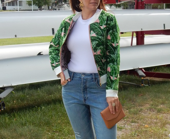 Dress to make your mood, Sarah In Style, SarahInStyle.com, Sarah Meyer, Judith March, Anthropologie Jeans, High waisted jeans, Palm Print Jacket, Palm Tree Earrings, White Racerback tank, Athleta Tank tops, studded sandals, green sunglasses, Sunglass Warehouse, #getoutthere, Fountain Point Resort, Michigan Resorts, Up North Michigan, Fashion to fit your mood, How to dress on a gloomy day, Fashion is fun, You can wear white after labor day, Make fashion your own, Style advice to lift your mood, Dress to fit the mood you want, fashion blogger, blogger style advice, blogger fashion tips, Michigan fashion, Midwest Fashion