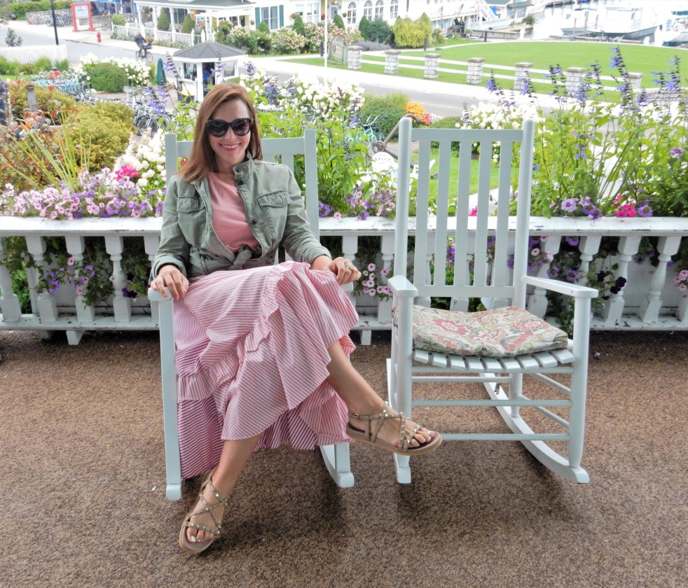 Summer 2020 Fashion, Fall Fashion, Fall 2020 Fashion, Summer Wardrobe Transition, Fall Wardrobe Transition, Transitional Wardrobe, What to wear this fall, Mephisto sandals, Blogger Fashion Tips, Blogger Styling Tips, Blogger Fall Fashion, what's a good look from summer to fall, Sarah In Style, SarahInStyle.com, Sarah Meyer, Sunglasses, Cheap Sunglasses, Cute Sunnies, Unique Sunglasses, Sunglass Warehouse, ruffled skirt, how to wear long skirts, cropped jacket, vintage fashion inspiration, bygone eras, fashion of the past, past into present fashion, Mackinac Island, Island House Hotel, Historic Hotels Of America, Anthropologie Striped Skirt, studded nude sandals, grey tortoise sunglasses, #getoutthere, Get out there, Pure Michigan, beautiful islands, michigan islands, historic places in michigan, best mackinac island hotels, best mackinac hotels, dress the part