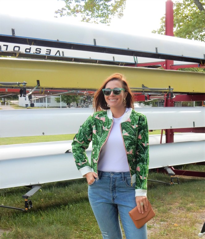 Dress to make your mood, Sarah In Style, SarahInStyle.com, Sarah Meyer, Judith March, Anthropologie Jeans, High waisted jeans, Palm Print Jacket, Palm Tree Earrings, White Racerback tank, Athleta Tank tops, studded sandals, green sunglasses, Sunglass Warehouse, #getoutthere, Fountain Point Resort, Michigan Resorts, Up North Michigan, Fashion to fit your mood, How to dress on a gloomy day, Fashion is fun, You can wear white after labor day, Make fashion your own, Style advice to lift your mood, Dress to fit the mood you want, fashion blogger, blogger style advice, blogger fashion tips, Michigan fashion, Midwest Fashion