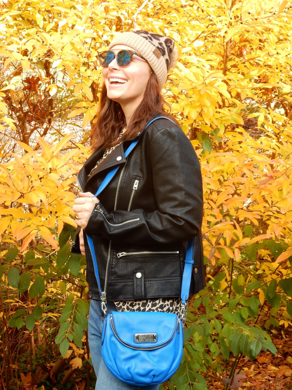 leather jacket, leather bomber, women's leather bomber, Topshop coats, Topshop leather jacket, Nordstrom Leather jacket, Leopard t-shirt, Leopard beanie, Blue crossbody bag, blue marc jacobs bag, sunglass warehouse, cool sunglasses, cute cheap sunglasses, get out there, #getoutthere, Sarah In Style, Sarah Meyer, fall fashion accessories, fall fashion must haves, the perfect jacket for any location, the perfect jacket for any season, falls must have coats, falls must have jackets, Sam Edelman booties, black studded booties, Cute fall fashions, how to dress for fall, leopard and leather, blogger fashion ideas, blogger fashion tips