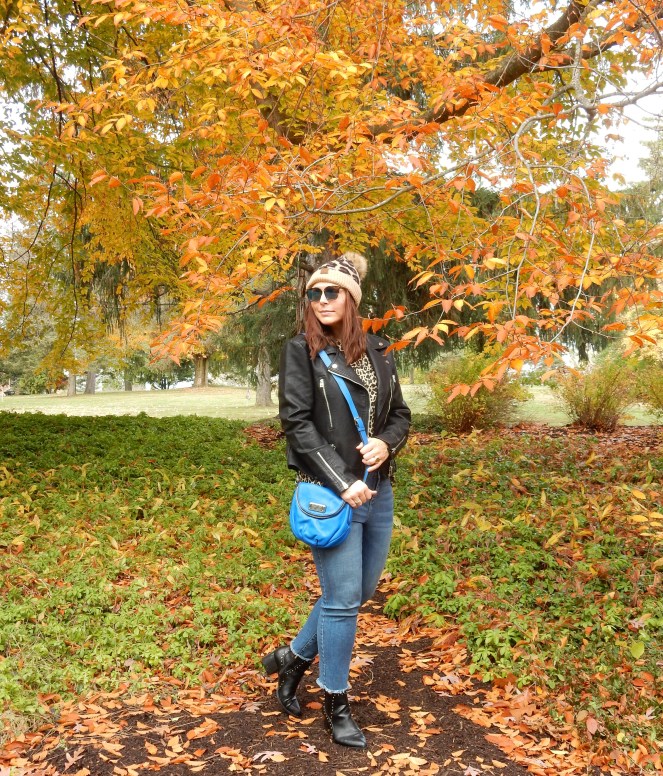 leather jacket, leather bomber, women's leather bomber, Topshop coats, Topshop leather jacket, Nordstrom Leather jacket, Leopard t-shirt, Leopard beanie, Blue crossbody bag, blue marc jacobs bag, sunglass warehouse, cool sunglasses, cute cheap sunglasses, get out there, #getoutthere, Sarah In Style, Sarah Meyer, fall fashion accessories, fall fashion must haves, the perfect jacket for any location, the perfect jacket for any season, falls must have coats, falls must have jackets, Sam Edelman booties, black studded booties, Cute fall fashions, how to dress for fall, leopard and leather, blogger fashion ideas, blogger fashion tips