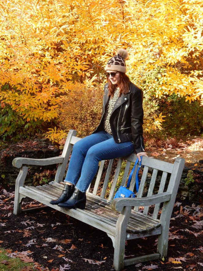 leather jacket, leather bomber, women's leather bomber, Topshop coats, Topshop leather jacket, Nordstrom Leather jacket, Leopard t-shirt, Leopard beanie, Blue crossbody bag, blue marc jacobs bag, sunglass warehouse, cool sunglasses, cute cheap sunglasses, get out there, #getoutthere, Sarah In Style, Sarah Meyer, fall fashion accessories, fall fashion must haves, the perfect jacket for any location, the perfect jacket for any season, falls must have coats, falls must have jackets, Sam Edelman booties, black studded booties, Cute fall fashions, how to dress for fall, leopard and leather, blogger fashion ideas, blogger fashion tips