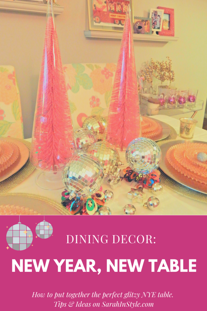 holiday table, holiday tablescape, christmas table, holiday table, christmas decorations, holiday decorating,  sarah in style, chicago blogger, holiday dining, holiday decor, lifestyle blogger, a peak at my table, Sarah Meyer, design blogger, NYE Table decor, Miss America glassware, Disco dining decor, Disco tablescape, New Year's Eve table decor, New Year's Eve tablescape, party planning tips, dinner party ideas