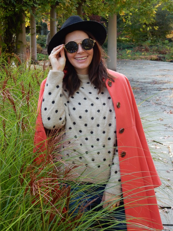 Sarah In Style, Coral Coat, Colorful Winter Coats, J. Crew Coat, Best Winter Coats, Best Winter Jackets, Fashion for your Mood, Mood Booster, Fashion Inspiration, Winter Fashion Tips, How to Dress in Winter, Best Coats 2020, Blogger Fashion Tips, Blogger Winter Fashion, Women's Goggle Sunglasses, Black Studded Booties, Chunky Sweaters, Styling Hats, Unique Sunglasses, Vintage Sunglasses, Winter Styling Tips, Stand Out Fashion, Stand out in Winter, Chicago Fashion, pop of color, color in wardrobe, peppy color in winter, winter pops of color