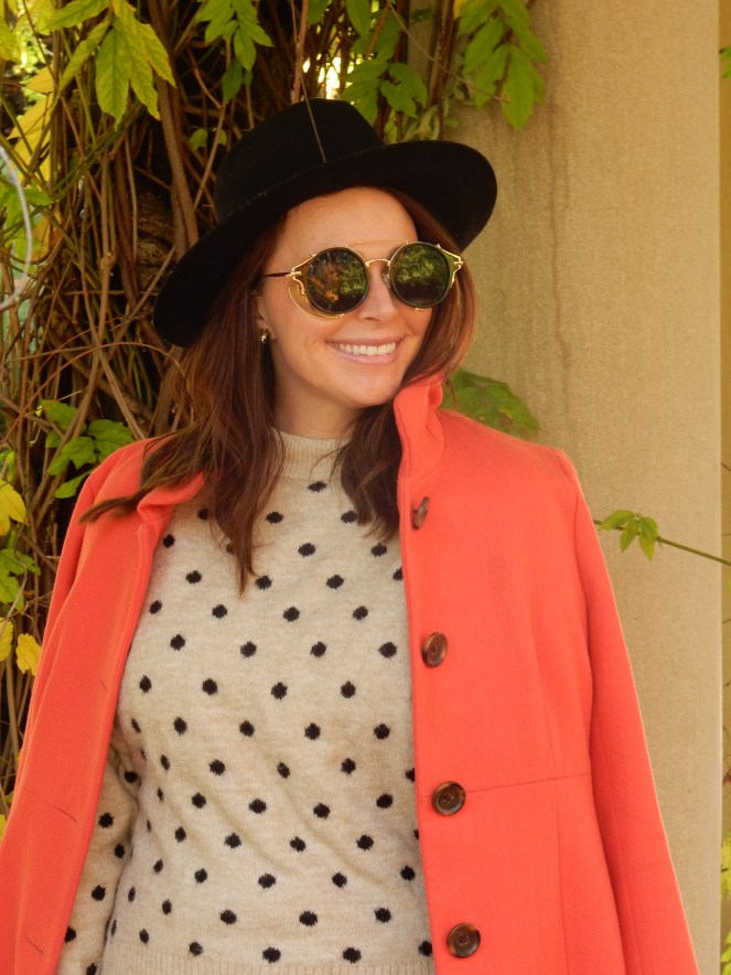 Sarah In Style, Coral Coat, Colorful Winter Coats, J. Crew Coat, Best Winter Coats, Best Winter Jackets, Fashion for your Mood, Mood Booster, Fashion Inspiration, Winter Fashion Tips, How to Dress in Winter, Best Coats 2020, Blogger Fashion Tips, Blogger Winter Fashion, Women's Goggle Sunglasses, Black Studded Booties, Chunky Sweaters, Styling Hats, Unique Sunglasses, Vintage Sunglasses, Winter Styling Tips, Stand Out Fashion, Stand out in Winter, Chicago Fashion, pop of color, color in wardrobe, peppy color in winter, winter pops of color