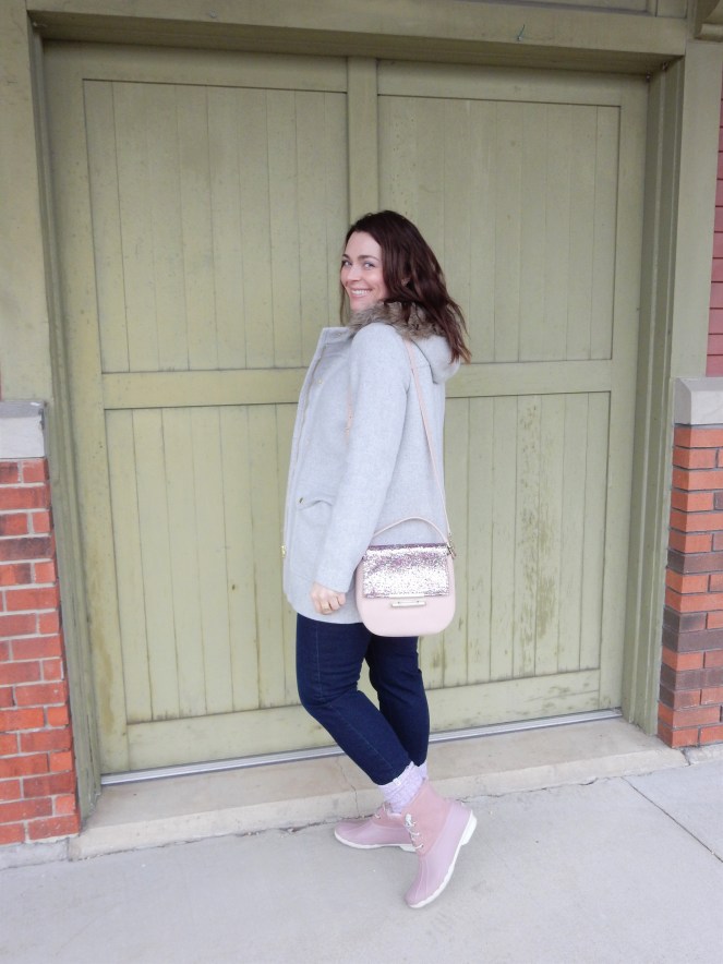 Sarah Meyer, Sarah In Style, SarahInStyle.com, Winter Fashion Trends, Colorful Winter Style, Best Winter Coats, Grey Wool Parka, J. Crew Coats, Best Winter Boots, Sperry Duck Boots, Pink Women's Boots, Ruffled Turtleneck, Personalized Jewelry, Personalized Ring, Year Ring, Commemorative Ring, Kate Spade Birdie Bag, Pink Ugg Socks, Pink Duck Boots, Blogger Fashion Tips, Blogger Fashion, How to dress for Winter, Cute Winter Style, Midwest Winter Fashion, Chicago Winter Fashion, Chicago Fashion Blogger