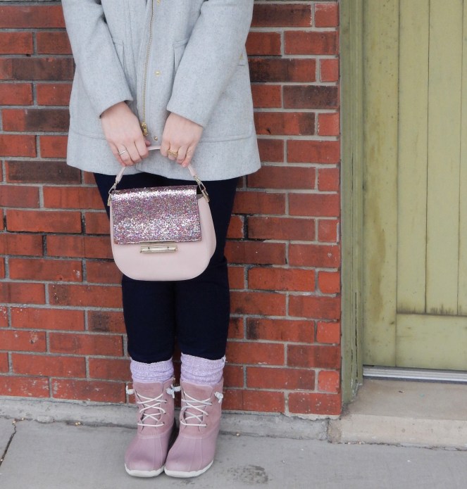 Sarah Meyer, Sarah In Style, SarahInStyle.com, Winter Fashion Trends, Colorful Winter Style, Best Winter Coats, Grey Wool Parka, J. Crew Coats, Best Winter Boots, Sperry Duck Boots, Pink Women's Boots, Ruffled Turtleneck, Personalized Jewelry, Personalized Ring, Year Ring, Commemorative Ring, Kate Spade Birdie Bag, Pink Ugg Socks, Pink Duck Boots, Blogger Fashion Tips, Blogger Fashion, How to dress for Winter, Cute Winter Style, Midwest Winter Fashion, Chicago Winter Fashion, Chicago Fashion Blogger