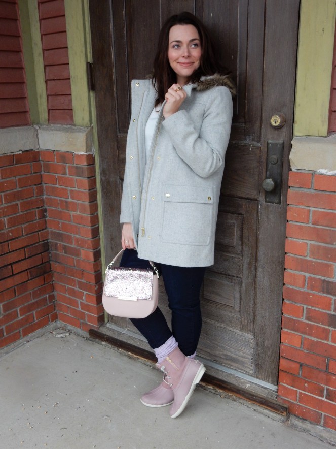 Sarah Meyer, Sarah In Style, SarahInStyle.com, Winter Fashion Trends, Colorful Winter Style, Best Winter Coats, Grey Wool Parka, J. Crew Coats, Best Winter Boots, Sperry Duck Boots, Pink Women's Boots, Ruffled Turtleneck, Personalized Jewelry, Personalized Ring, Year Ring, Commemorative Ring, Kate Spade Birdie Bag, Pink Ugg Socks, Pink Duck Boots, Blogger Fashion Tips, Blogger Fashion, How to dress for Winter, Cute Winter Style, Midwest Winter Fashion, Chicago Winter Fashion, Chicago Fashion Blogger