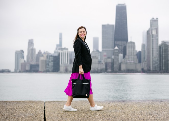 Sarah In Style, SarahInStyle.com, Sarah Meyer, Chicago Fashion Blogger, Fashion Blogger Tips, Chicago Skyline, Chicago Photographers, Jeremy Glickstein Photography, Chicago Fashion Photographers, Jeremy Glickstein, Pink Pleated Skirt, Vintage Tuxedo Jacket, 1 Look 3 Ways, Fashion Day to Night, Fashion Handbook, Stylists Handbook, Shop your closet, Dressing from day to night, pop of color, green velvet headband, shortylove, perfect work bags