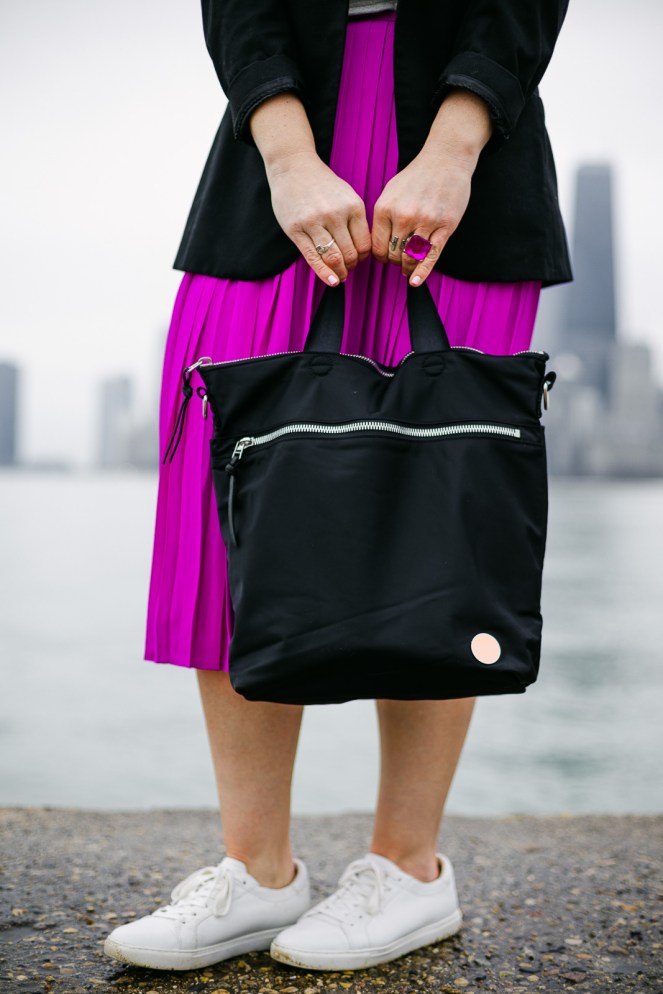 Sarah In Style, SarahInStyle.com, Sarah Meyer, Chicago Fashion Blogger, Fashion Blogger Tips, Chicago Skyline, Chicago Photographers, Jeremy Glickstein Photography, Chicago Fashion Photographers, Jeremy Glickstein, Pink Pleated Skirt, Vintage Tuxedo Jacket, 1 Look 3 Ways, Fashion Day to Night, Fashion Handbook, Stylists Handbook, Shop your closet, Dressing from day to night, pop of color, green velvet headband, shortylove, perfect work bags