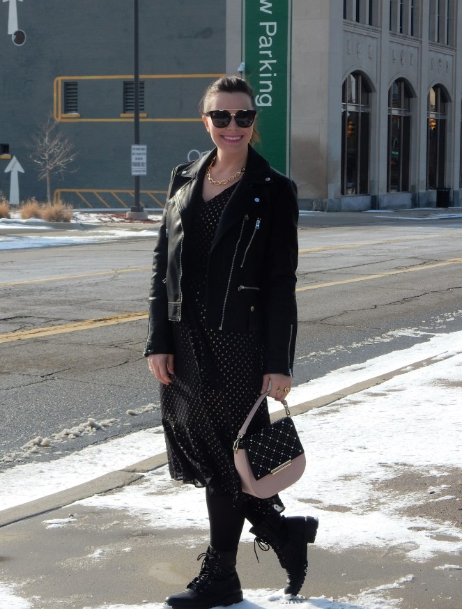 Sarah In Style, SarahInStyle.com, Sarah Meyer, Chicago Fashion Blogger, Michigan Fashion Blogger, Midwest Fashion Blogger, Flint Michigan, Downtown Flint, Flint MI, Michigan Cities, Leather Moto Jacket, Topshop Moto Jacket, J. Crew Black and Gold Polka Dot Dress, Pink and Black Studded Purse, Capitol Theater Flint, Kate Spade Sunglasses, Kate Spade Heart Ring, Gold Heart Ring, Tres Colori, Custom Rings, Year Ring, Chunky Gold Rings, Chunky Gold Necklace, Chunky Gold Jewelry, Shine Bright in Fashion, Shine Bright, Who What Wear, What to Wear, Outfit of the Day, 90's grunge fashion, 90's punk fashion, 90's fashion back in style