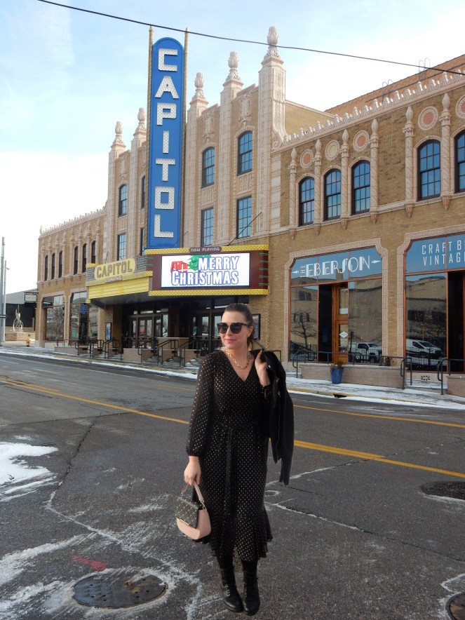 Sarah In Style, SarahInStyle.com, Sarah Meyer, Chicago Fashion Blogger, Michigan Fashion Blogger, Midwest Fashion Blogger, Flint Michigan, Downtown Flint, Flint MI, Michigan Cities, Leather Moto Jacket, Topshop Moto Jacket, J. Crew Black and Gold Polka Dot Dress, Pink and Black Studded Purse, Capitol Theater Flint, Kate Spade Sunglasses, Kate Spade Heart Ring, Gold Heart Ring, Tres Colori, Custom Rings, Year Ring, Chunky Gold Rings, Chunky Gold Necklace, Chunky Gold Jewelry, Shine Bright in Fashion, Shine Bright, Who What Wear, What to Wear, Outfit of the Day, 90's grunge fashion, 90's punk fashion, 90's fashion back in style