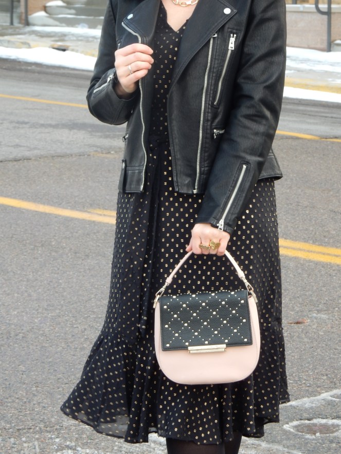 Sarah In Style, SarahInStyle.com, Sarah Meyer, Chicago Fashion Blogger, Michigan Fashion Blogger, Midwest Fashion Blogger, Flint Michigan, Downtown Flint, Flint MI, Michigan Cities, Leather Moto Jacket, Topshop Moto Jacket, J. Crew Black and Gold Polka Dot Dress, Pink and Black Studded Purse, Capitol Theater Flint, Kate Spade Sunglasses, Kate Spade Heart Ring, Gold Heart Ring, Tres Colori, Custom Rings, Year Ring, Chunky Gold Rings, Chunky Gold Necklace, Chunky Gold Jewelry, Shine Bright in Fashion, Shine Bright, Who What Wear, What to Wear, Outfit of the Day, 90's grunge fashion, 90's punk fashion, 90's fashion back in style, everything comes back into style, what goes around comes around