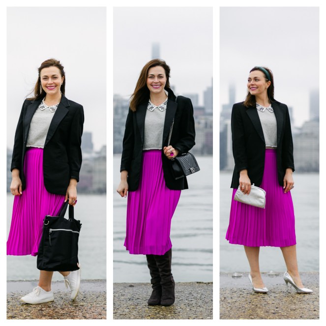 Sarah In Style, SarahInStyle.com, Sarah Meyer, Chicago Fashion Blogger, Fashion Blogger Tips, Chicago Skyline, Chicago Photographers, Jeremy Glickstein Photography, Chicago Fashion Photographers, Jeremy Glickstein, Pink Pleated Skirt, Vintage Tuxedo Jacket, 1 Look 3 Ways, Fashion Day to Night, Fashion Handbook, Stylists Handbook, Shop your closet, Dressing from day to night, pop of color, green velvet headband, shortylove, perfect work bags