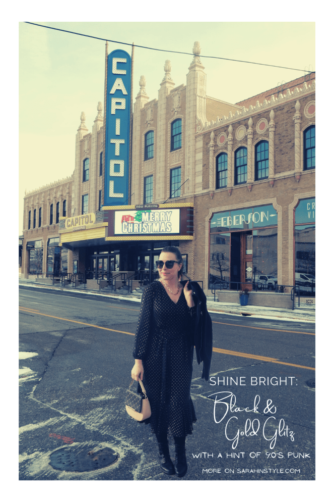 Sarah In Style, SarahInStyle.com, Sarah Meyer, Chicago Fashion Blogger, Michigan Fashion Blogger, Midwest Fashion Blogger, Flint Michigan, Downtown Flint, Flint MI, Michigan Cities, Leather Moto Jacket, Topshop Moto Jacket, J. Crew Black and Gold Polka Dot Dress, Pink and Black Studded Purse, Capitol Theater Flint, Kate Spade Sunglasses, Kate Spade Heart Ring, Gold Heart Ring, Tres Colori, Custom Rings, Year Ring, Chunky Gold Rings, Chunky Gold Necklace, Chunky Gold Jewelry, Shine Bright in Fashion, Shine Bright, Who What Wear, What to Wear, Outfit of the Day, 90's grunge fashion, 90's punk fashion, 90's fashion back in style, everything comes back into style, what goes around comes around
