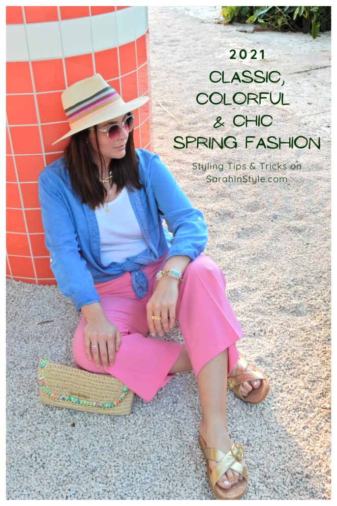 Sarah In Style, SarahInStyle, SarahInStyle.com, Sarah Meyer, Fashion Blog, Fashion Blogger, Chicago Fashion Blogger, Florida Fashion Blogger, Fashion Inspiration from blogs, What to wear in spring, Spring 2021 Fashion, Spring 2021 Fashion Trends, Styling bright pants, pink pants, colorful spring pants, colorful spring wardrobe, classic chambray button down, joules hat, pink sunglasses, lilly pulitzer sandals, gold criss cross sandals, chunky gold jewelry, fashion inspiration for spring, what to wear in Florida in spring, Whitney's Florida, Whitney's Longboat Key, retro fashion shoot, mid-century modern in Florida, Classic spring looks, Classic spring fashion, styling tips from bloggers, retro gas station, best restaurants in Sarasota, mid-century sarasota, what to do in Sarasota, Where to eat near Sarasota