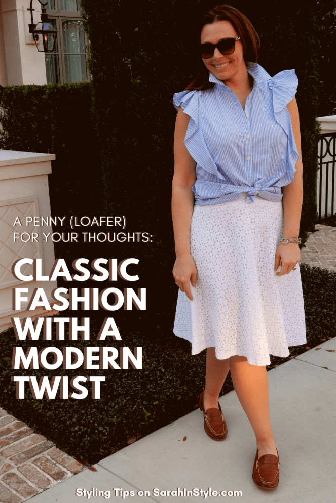 Cute and Comfy shoes, a shoe for everyone, A penny for your thoughts, penny loafers, history of loafer, classic loafers, women's tan loafer, best loafers, Sperry Loafers, Sperry Penny, Classic Fashion, Preppy Fashion, preppy styling tips, classic fashion styling tips, Sarah In Style, Sarah Meyer, SarahInStyle.com, Ruffled Blouse, Kate Spade Ruffled Blouse, White Eyelet skirt, Winter Garden Florida, Winter Park Florida, Pink Buildings, Mid-Century Modern Apartment Buildings, Sperry Women's Loafer, classic fashion with a modern twist, styling tips to modernize a beloved classic