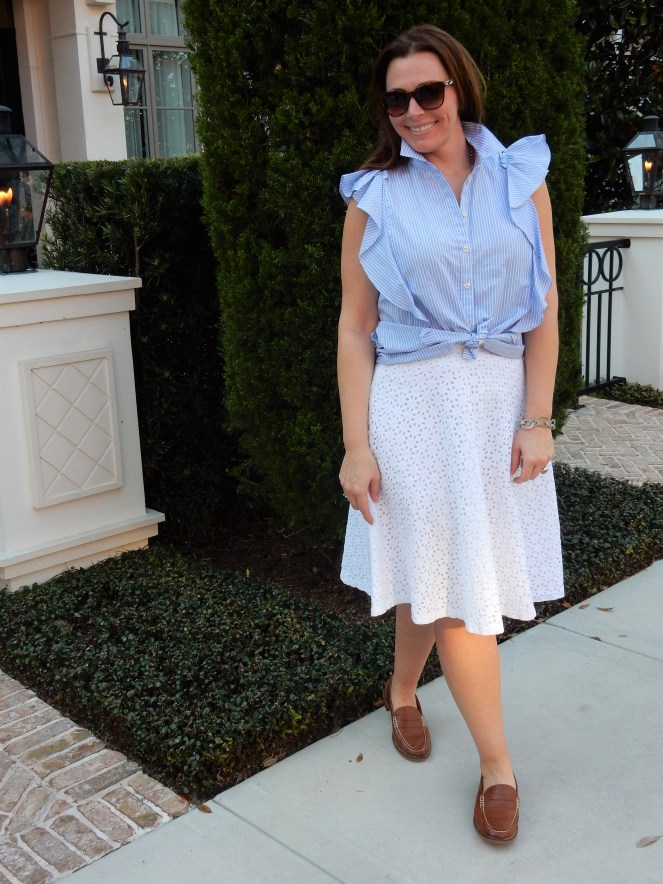 Cute and Comfy shoes, a shoe for everyone, A penny for your thoughts, penny loafers, history of loafer, classic loafers, women's tan loafer, best loafers, Sperry Loafers, Sperry Penny, Classic Fashion, Preppy Fashion, preppy styling tips, classic fashion styling tips, Sarah In Style, Sarah Meyer, SarahInStyle.com, Ruffled Blouse, Kate Spade Ruffled Blouse, White Eyelet skirt, Winter Garden Florida, Winter Park Florida, Pink Buildings, Mid-Century Modern Apartment Buildings, Sperry Women's Loafer