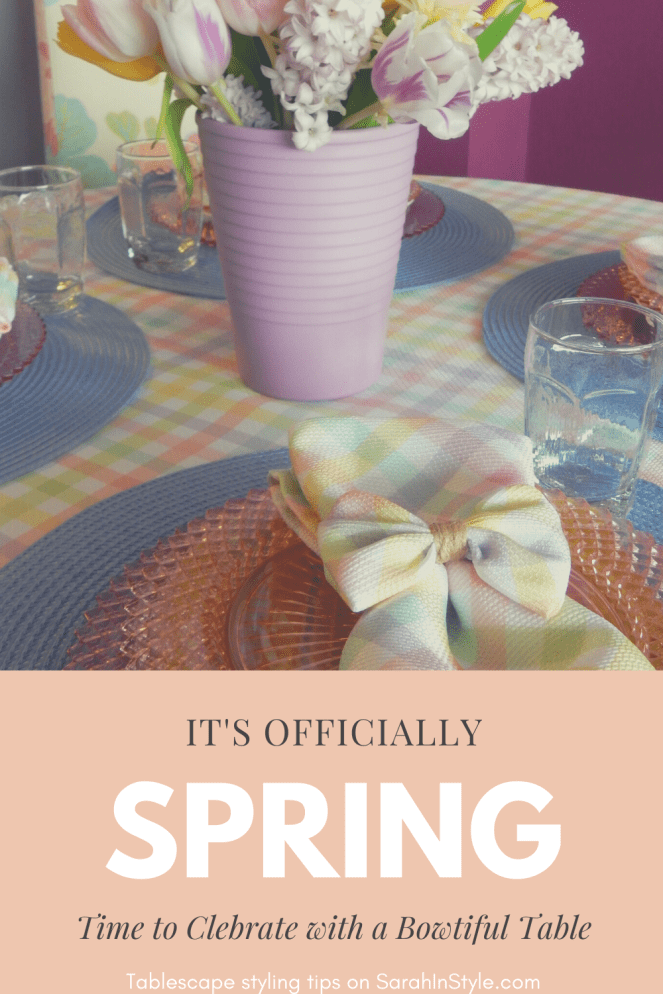 Sarah In Style, SarahInStyle.com, Sarah Meyer, Dining Decor, Hoppy Easter, Easter Table, Easter Decorating, Easter Decorations, Easter tablescapes, Spring tablescapes, spring tablescape, decorating for Easter, incorporating family traditions, where did the easter bunny originate, where is the easter bunny from, why do we hide easter eggs, cute table decor, miss america depressrion glass, pink miss america glass, plaid tablecloth, plaid napkins, bow napkin rings, table decorating ideas, wedding shower tables, baby shower tables, springtime decor. Easter 2021, Bed Bath and Beyond tableware