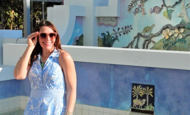 Lilly Pulitzer Mermaid Dress, Blue and White Lilly Pulitzer Dress, Lilly Pulitzer Chrisella Dress, Lilly Pulitzer mermaid print, mermaid pattern dress, Chic in blue and white, pink sunglasses, bold statement necklaces, blue and green gem necklace, Florida, fashion, Southern style, perfect country club dress, country club fashion, beach chic, perfect summer dress, belted shirt dress, most flattering dress, summer fashion 2021, summer style 2021, mermaid meaning, what do mermaids symbolize, Sarah In Style, SarahInStyle.com, Sarah Meyer, Chicago fashion blogger, fashion blogger summer style, Florida fashion blogger, Sarasota fountains, Sarasota waterfront, Sarasota blogger, adult mermaid dress