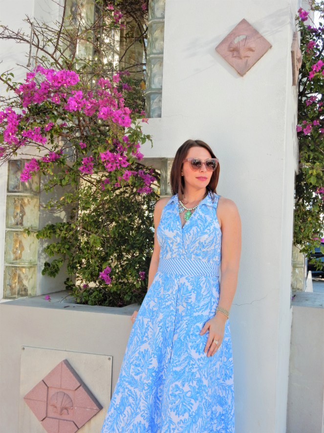 Lilly Pulitzer Mermaid Dress, Blue and White Lilly Pulitzer Dress, Lilly Pulitzer Chrisella Dress, Lilly Pulitzer mermaid print, mermaid pattern dress, Chic in blue and white, pink sunglasses, bold statement necklaces, blue and green gem necklace, Florida, fashion, Southern style, perfect country club dress, country club fashion, beach chic, perfect summer dress, belted shirt dress, most flattering dress, summer fashion 2021, summer style 2021, mermaid meaning, what do mermaids symbolize, Sarah In Style, SarahInStyle.com, Sarah Meyer, Chicago fashion blogger, fashion blogger summer style, Florida fashion blogger, Sarasota fountains, Sarasota waterfront, Sarasota blogger, adult mermaid dress