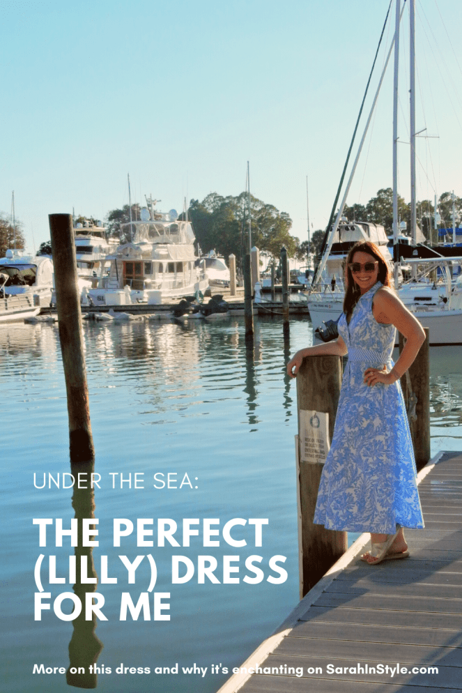 Lilly Pulitzer Mermaid Dress, Blue and White Lilly Pulitzer Dress, Lilly Pulitzer Chrisella Dress, Lilly Pulitzer mermaid print, mermaid pattern dress, Chic in blue and white, pink sunglasses, bold statement necklaces, blue and green gem necklace, Florida, fashion, Southern style, perfect country club dress, country club fashion, beach chic, perfect summer dress, belted shirt dress, most flattering dress, summer fashion 2021, summer style 2021, mermaid meaning, what do mermaids symbolize, Sarah In Style, SarahInStyle.com, Sarah Meyer, Chicago fashion blogger, fashion blogger summer style, Florida fashion blogger, Sarasota fountains, Sarasota waterfront, Sarasota blogger, adult mermaid dress