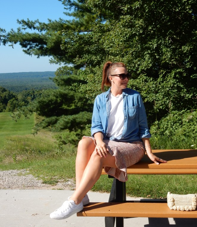 SarahInStyle, Sarah In Style, SarahInStyle.com, Sarah Meyer, Fall Fashion, Wardrobe Styling Tips, Styling Tips, Fashion Blogger Styling, Fashion Advice, Mixing Seasonal Fashions, Chambray Shirt, Pink Tweed Skirt, White Converse Sneakers, Straw Crossbody bag, Autumn Fashion, Fall Wardrobe, What to wear this fall, summer into fall, Wardrobe staples, styling advice