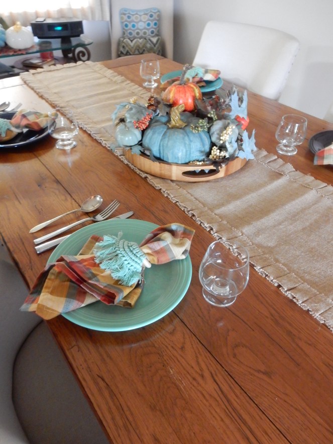 Sarah In Style, SarahInStyle.com, Sarah Meyer, Dining Decor, Fall tablescapes, November tablescapes, fall tablescape, decorating for fall, incorporating family traditions, cute table decor, plaid napkins, crochet napkin rings, table decorating ideas, autumn decor, mix and match tablescape, ombre tablescape, Fiestaware, holiday entertaining, fall entertaining, design blog tips